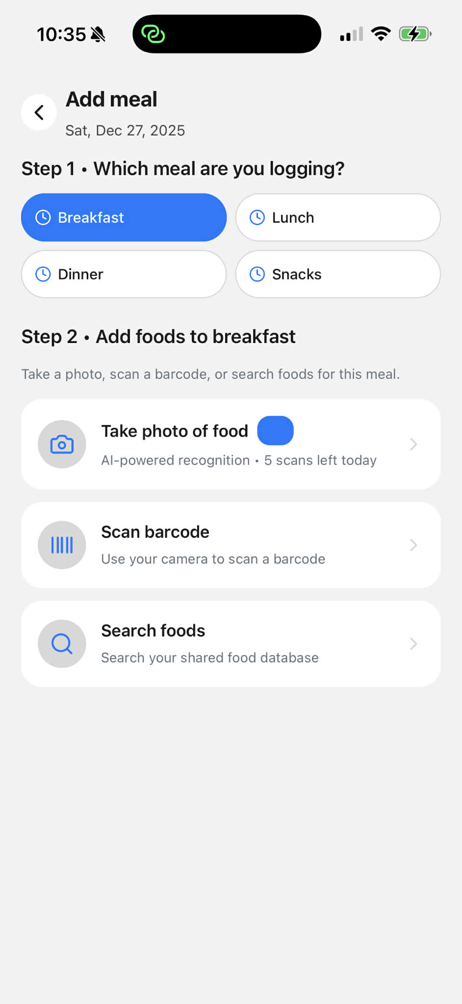 Food tracking screenshot